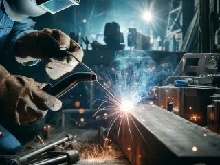 The focus is on the welder’s hands, holding the welding torch, and the